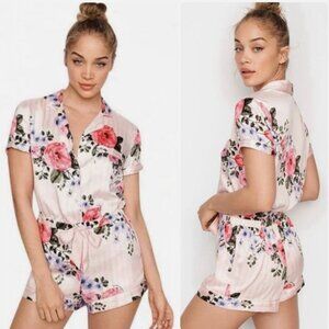 Victoria’s Secret Satin FLORAL Ruffle Romper Light Pink Pajama Size S